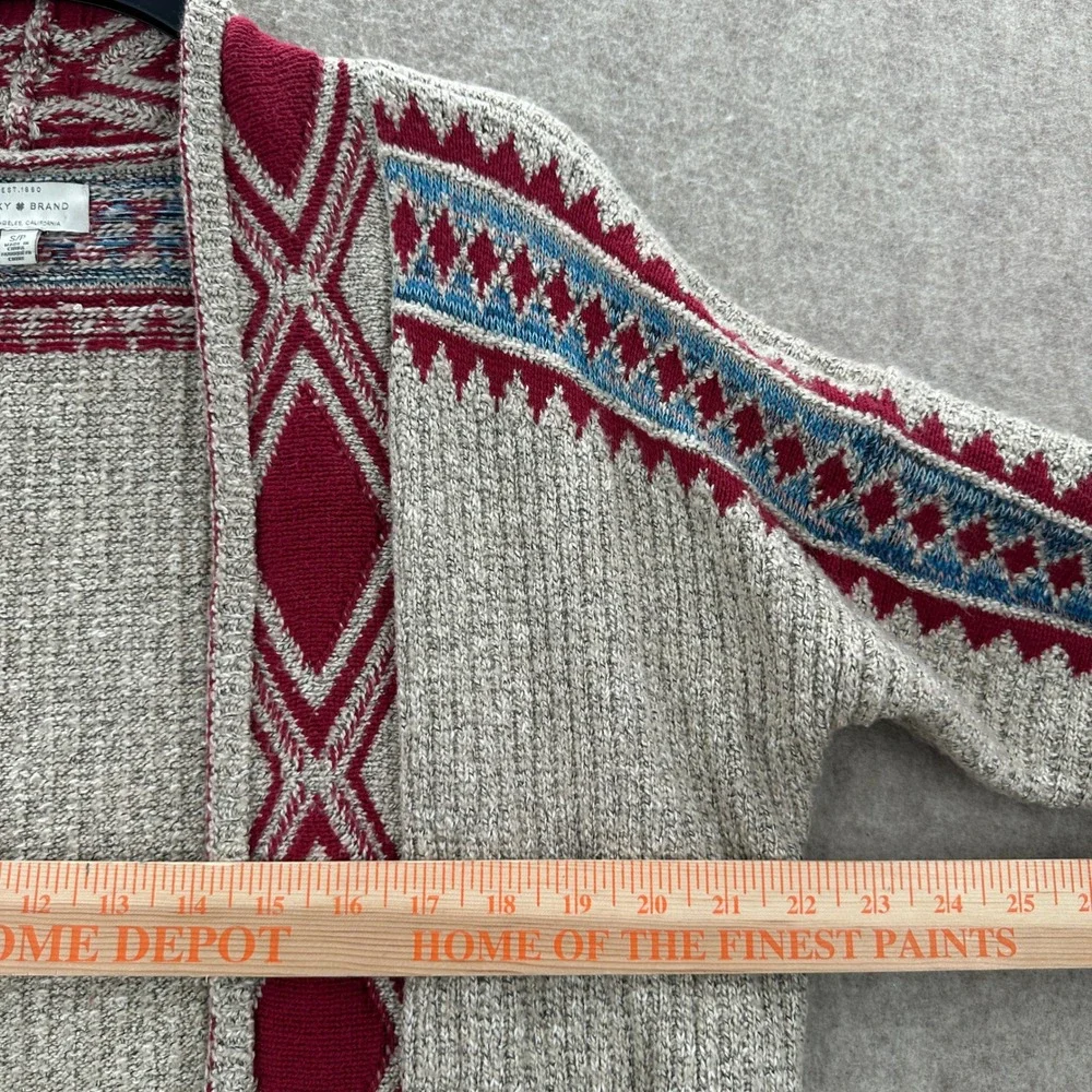 Lucky Brand Aztec Cardigan SMALL Beige Red Southwestern Geometric Open Front S/P